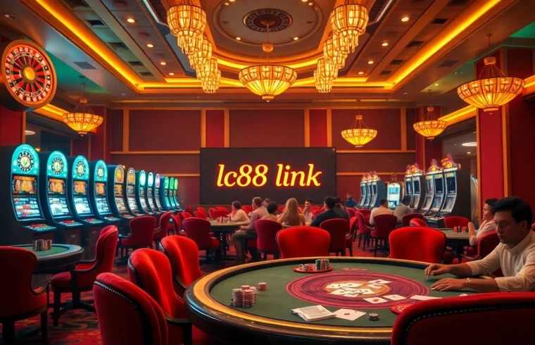 Experience the excitement of gambling at LC88 link with vibrant casino games, chips, and dynamic players.