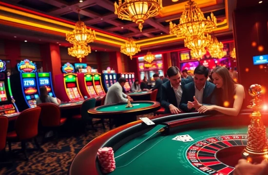 Experience the thrill of UU88 Casino with vibrant slot machines and poker tables in a luxurious casino setting.
