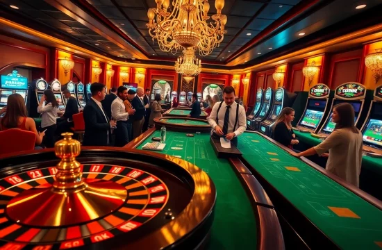Gamblers enjoying a vibrant casino atmosphere at https://uk88.trading/ with roulette, slots, and lively interactions.