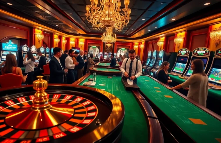 Gamblers enjoying a vibrant casino atmosphere at https://uk88.trading/ with roulette, slots, and lively interactions.