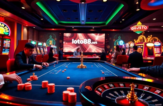 Exciting online gambling scene showcasing loto188.gb.net logo with casino tables and vibrant slot machines.