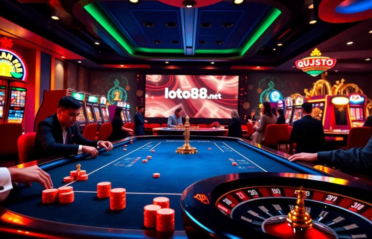 Exciting online gambling scene showcasing loto188.gb.net logo with casino tables and vibrant slot machines.
