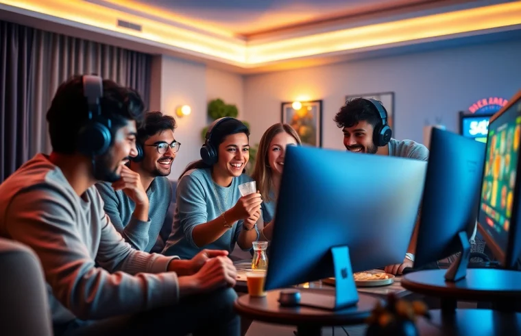 Exciting online gaming scene with friends enjoying ev88win.live casino games in a cozy room.