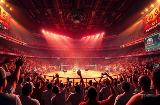 Live cockfighting excitement at dagawin.live with a vibrant arena atmosphere.