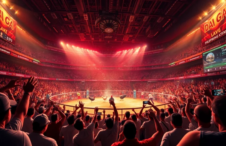 Live cockfighting excitement at dagawin.live with a vibrant arena atmosphere.