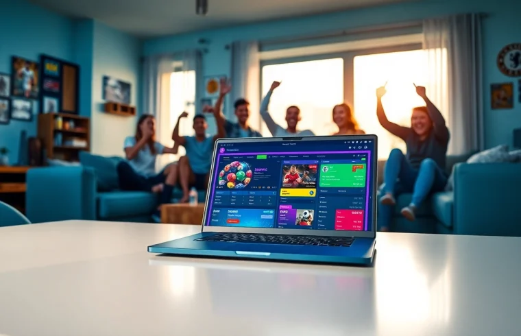 Exciting online betting experience at sbobet.dance with friends celebrating in a vibrant living room.