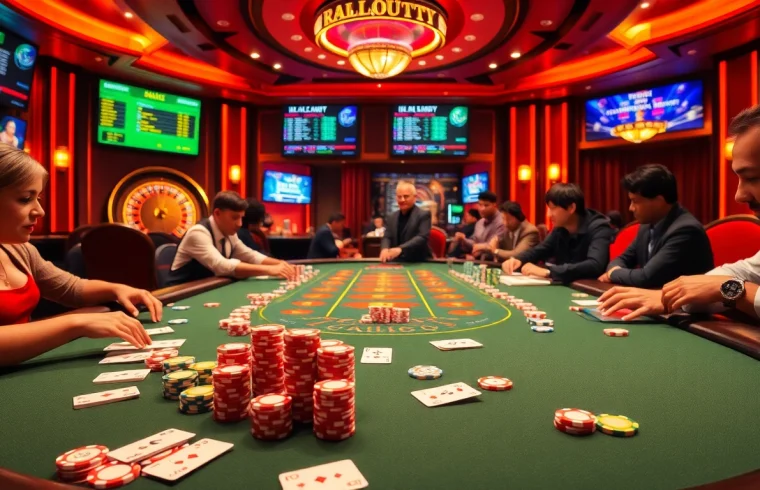 Exciting casino scene with poker action at 8day.cn.com showcasing colorful chips and elegant game atmosphere.