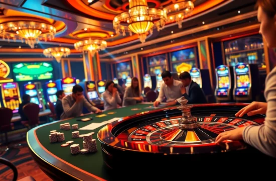 Engage in thrilling online gambling at 69vn.gb.net with vibrant casino atmosphere and players placing bets.