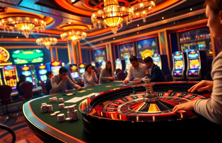 Engage in thrilling online gambling at 69vn.gb.net with vibrant casino atmosphere and players placing bets.