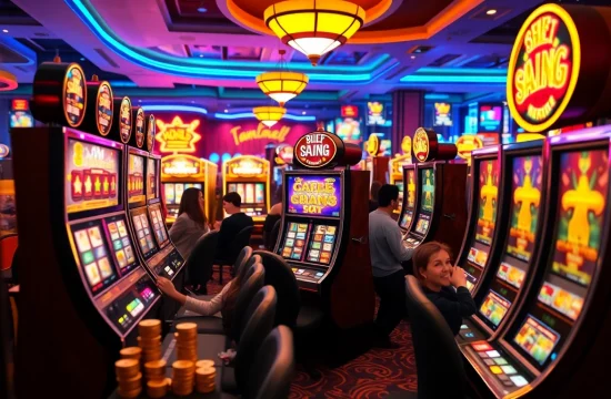 Excited players enjoying various slot machines in a vibrant casino atmosphere, showcasing the thrill of slot gaming.