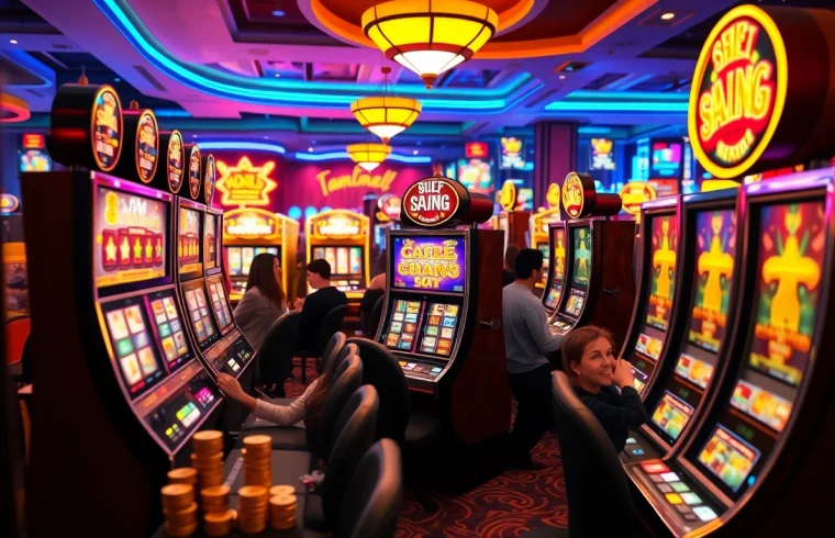 Excited players enjoying various slot machines in a vibrant casino atmosphere, showcasing the thrill of slot gaming.