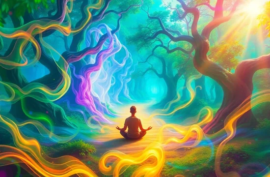 Buy DMT online with a serene depiction of a meditative experience surrounded by vibrant colors.