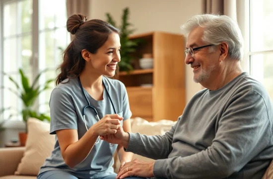 Engaged caregiver providing in home respite care to a senior adult, showcasing warmth and support.