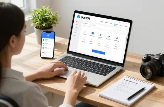 快连官网应用界面展示在现代工作空间的笔记本电脑上，说明无缝的全球网络连接。